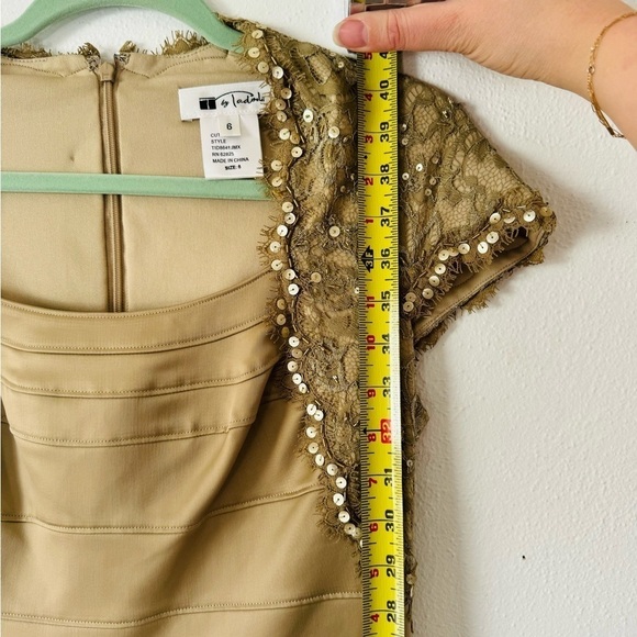 T by Tadashi Shoji Elegant Gold Dress with Lace and Sequin Details - Picture 8 of 15